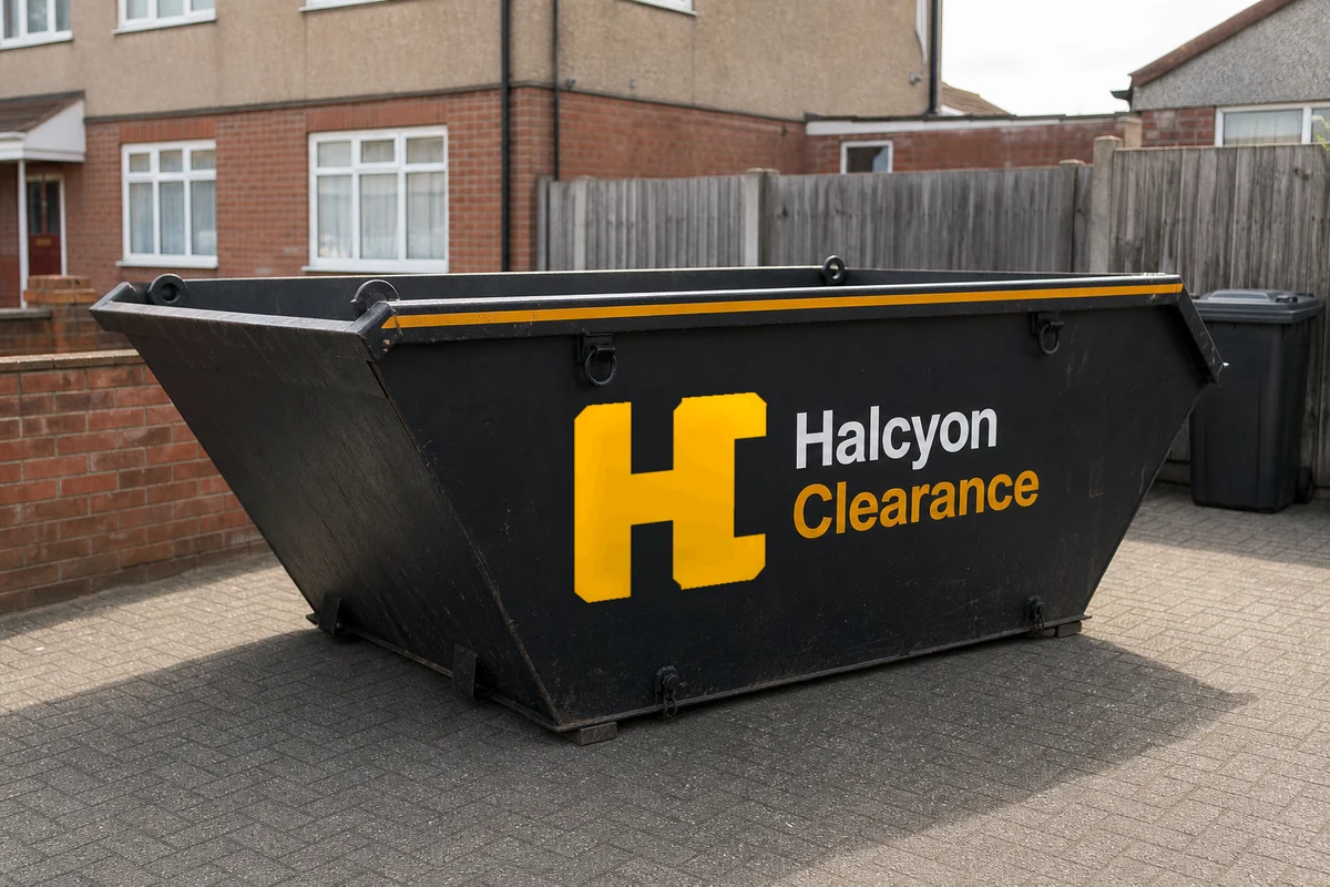 Illustration of a Halcyon Clearance liveried skip on a domestic driveway.