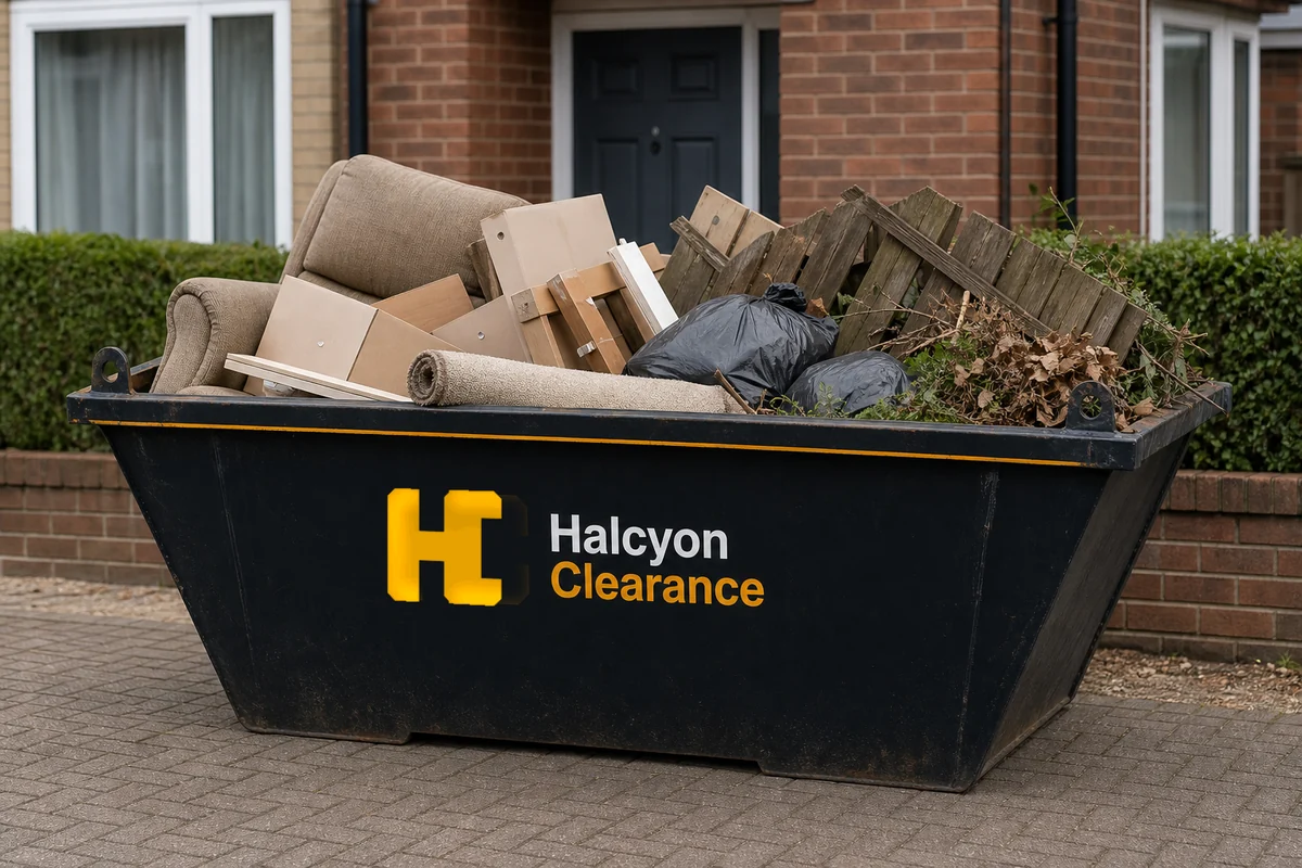 Illustration of a Halcyon Clearance liveried skip part-filled with household and garden waste on a private driveway.